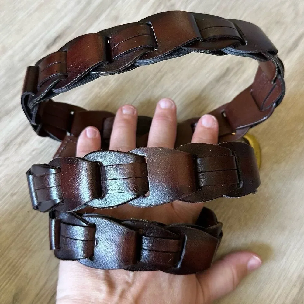 Men's Woven Leather Link Belt with Gold Tone Solid Brass Buckle Waist Size 44